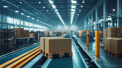 Fototapeta premium Efficient Warehouse Operations, showcasing organized packaging processes, skilled workers, and streamlined shipment activities in a busy logistics facility.