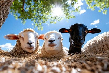 Farm animals like sheep and goats resting under the shade of a tree during a hot summer day