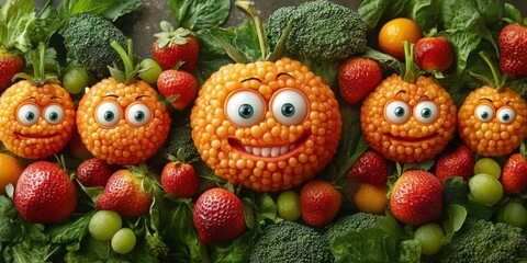 Discover a vibrant urban world where face-adorned fruits bring charm and delight to every street corner