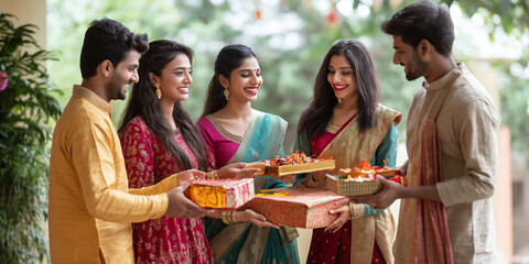 Fototapeta premium A group of people are holding boxes and smiling. Scene is happy and festive