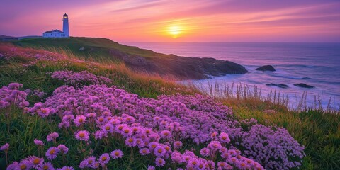 Obraz premium A beautiful sunset over the ocean with a lighthouse in the background. The flowers are purple and the sky is orange