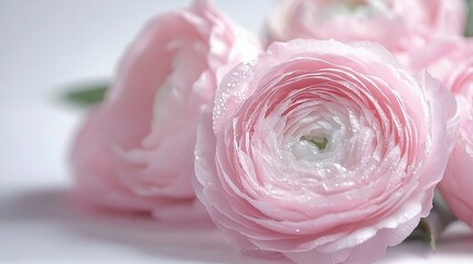   Close-up of a pink flower with water droplets on it and a green stem against a white backdrop