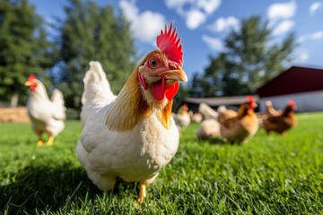Fototapeta premium Farm animals such as chickens and ducks roaming freely around the farmyard