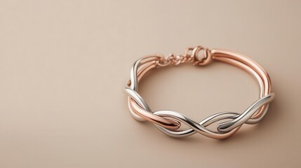 Naklejka premium Two-tone minimalist bracelet with silver and rose gold bands intertwined, shown on neutral background