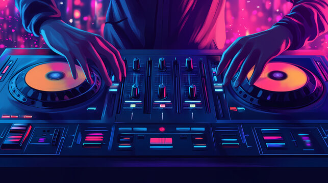 Dj mixing tracks in a nightclub with deck controls strobe lights. concept nightclub dj, track mixing, deck controls, strobe lights, party atmosphere. Strobe Effect. Illustration