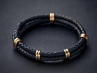 Minimalist wrap bracelet with thin leather cord and metal accents, displayed on matte black background