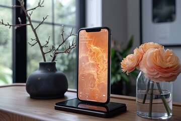 A phone is sitting on a stand next to a vase of flowers