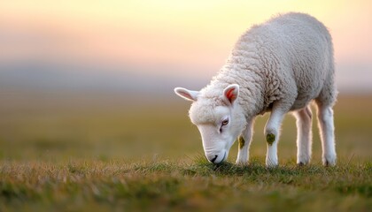 Obraz premium A peaceful scene of a sheep calmly eating grass in a wide-open pasture, bathed in the warm light of an early morning sunrise.