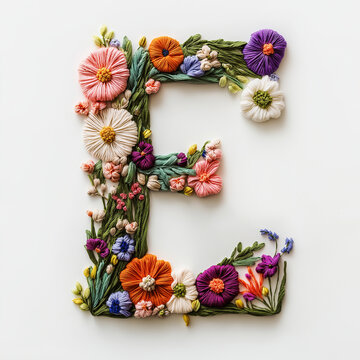 Charming floral embroidery with blooming flowers in the shape of E font letters alphabet. alphabet letter. Creative typography design for Illustration of alphabet number collection for design project