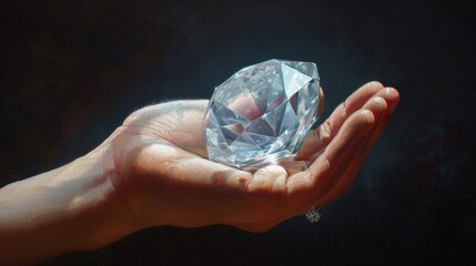 hand holding a diamond on black background