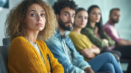 Fototapeta premium A group of people in a waiting room looking tired and disinterested.