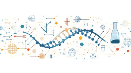 Obraz premium Abstract illustration of DNA, a beaker, and geometric shapes on a white background