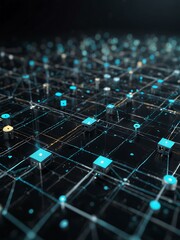 Futuristic network with squares and a compass, bird's eye view.