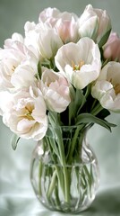   A vase with pink and white flowers sits atop a white tablecloth against a soft green background