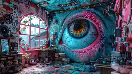 A surreal room with a giant eye on the wall, surrounded by various objects and a window with a view of a city.