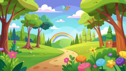 Spring landscape of forest with trees, grass and flowers. Summer park with green plants, butterflies, path, fields and rainbow in sky, vector cartoon illustration