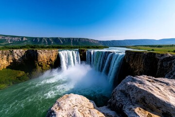 Obraz premium Majestic waterfall in summer, cascading over rocks with mist rising into the warm air
