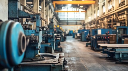 Naklejka premium Factory interior featuring organized machinery, pristine workspaces, advanced equipment, efficient layout, emphasizing cleanliness and operational excellence