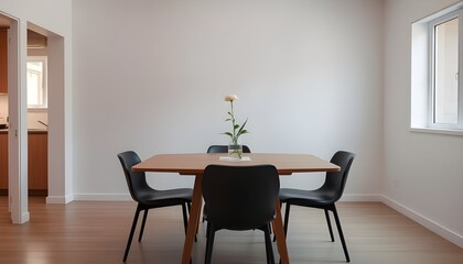 Fototapeta premium A clean, minimalist dining area with a dining table, dining chairs.