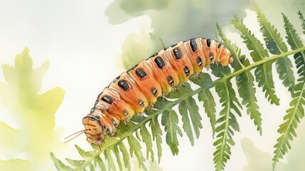 Obraz premium A closeup watercolor of a caterpillar inching along a fern, with the intricate details of its tiny legs and body highlighted