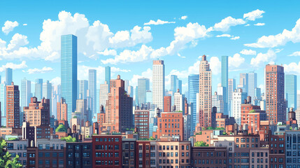 Naklejka premium A serene evening scene where the tallest buildings glow in soft, orange light, while shorter ones are cast in deeper shadows. The calm atmosphere hints at the city's transition into night.