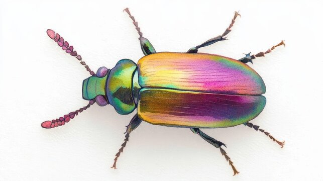 A colorful watercolor beetle with iridescent wings, crawling over a pure white surface