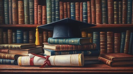 A detailed painting of a graduation cap, a rolledup diploma with ribbon, and a pile of diverse books set on a library table