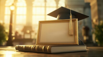 A diploma framed in gold, lying on a book with a graduation cap hung on the side, set against a university backdrop