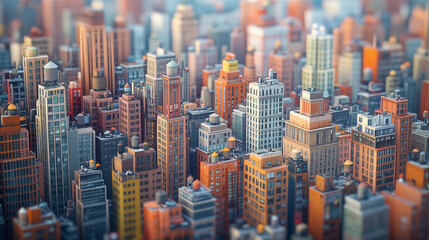 Obraz premium A serene evening scene where the tallest buildings glow in soft, orange light, while shorter ones are cast in deeper shadows. The calm atmosphere hints at the city's transition into night.