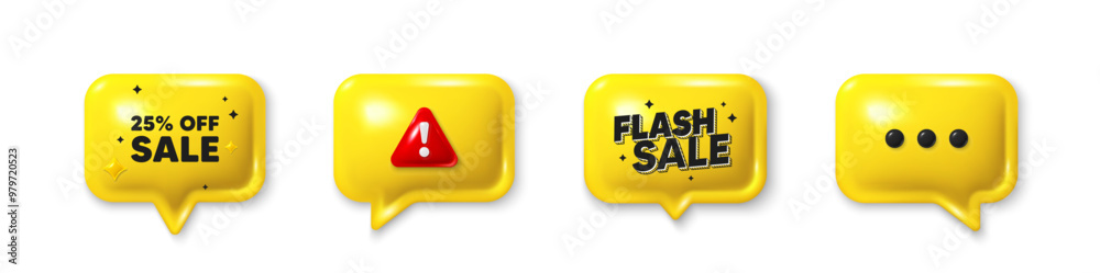 Wall mural Offer speech bubble 3d icons. Sale 25 percent off discount. Promotion price offer sign. Retail badge symbol. Sale chat offer. Flash sale, danger alert. Text box balloon. Vector