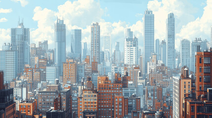 Obraz premium A serene evening scene where the tallest buildings glow in soft, orange light, while shorter ones are cast in deeper shadows. The calm atmosphere hints at the city's transition into night.