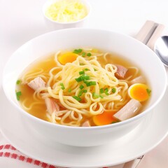Asian food. A plate of pork soup with noodles and a boiled egg.