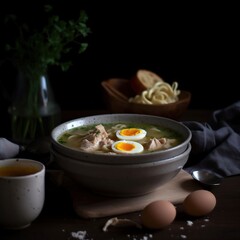 Asian food. A bowl of pork noodle soup with a boiled egg. Side view, dark background.