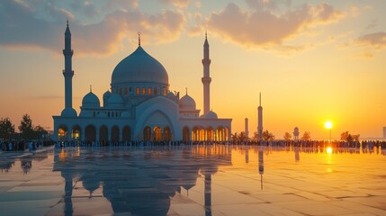 Naklejka premium A mosque at sunrise with people praying outside.