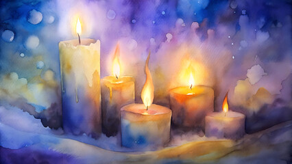 Watercolor candlelight background, soft glowing candles with warm golden light, surrounded by gentle washes of dark blues and purples, symbolizing hope and warmth during the longest night