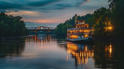 Obraz premium A riverboat docked at dusk with a bridge and many trees