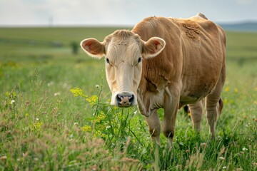 Brown cow standing in a green field with wildflowers under a cloudy sky