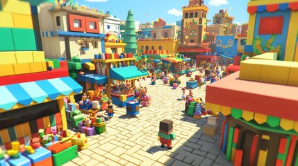 Futuristic 3D Cube Marketplace: Dynamic Pixelated Scene of Colorful Stalls, Trading Characters, and Festive Atmosphere