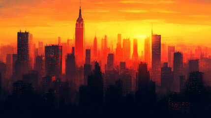 Fototapeta premium A serene evening scene where the tallest buildings glow in soft, orange light, while shorter ones are cast in deeper shadows. The calm atmosphere hints at the city's transition into night.