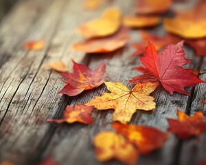 Autumn leaves of various shades, from red to gold, are scattered on the old wooden surface.