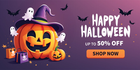 Fototapeta premium Halloween sale banner template, Perfect for promoting a sale with discounts up to 50% off. Ideal for Halloween promotions, online stores, or social media marketing during the Halloween season.