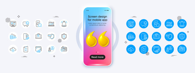Bell alert, Employees messenger and Blood donation line icons. Phone mockup with 3d quotation icon. Pack of Cloud computing, Wallet, Bitcoin atm icon. Canister, Phone pay, Startup pictogram. Vector