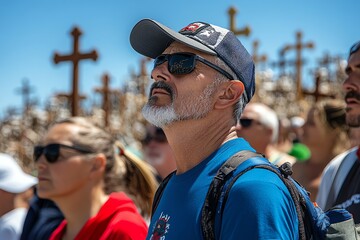 A group of pilgrims standing in awe of the Hill, their faces filled with emotion as they take in the sheer number of crosses and what they represent