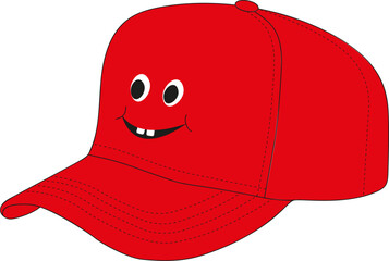 Red funny baseball cap with painted smile,vector art cartoon illustration design