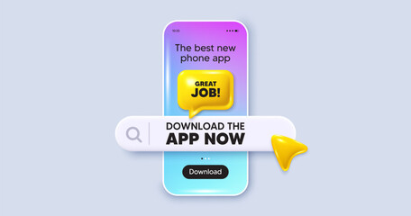 Great job tag. Phone mockup screen. Download the app now. Recruitment agency sign. Hire employees symbol. Phone download app search bar. Great job text message. Vector