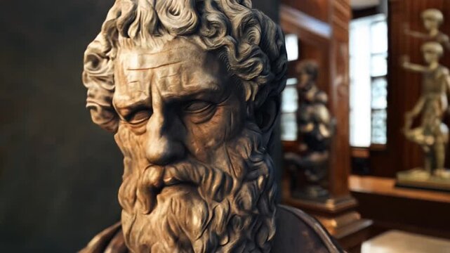 Ancient marble bust of bearded philosopher, wisdom etched in weathered features. Contemplative gaze reflects deep thought and centuries of knowledge of a statue in a museum