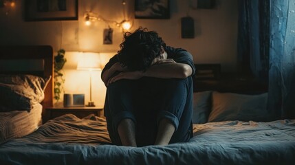 A person sitting on a bed, hugging their knees in a dimly lit room.