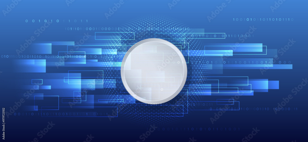 Poster Abstract technology communication, vector illustration. Futuristic design for presentation. Hi-tech computer digital technology concept. Wide Blue background with various technological elements.