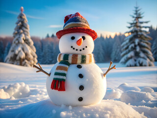 Obraz premium a snowman with a red hat and a scarf around its neck.