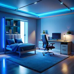 Fototapeta premium a room with a computer and a desk with a blue light on it